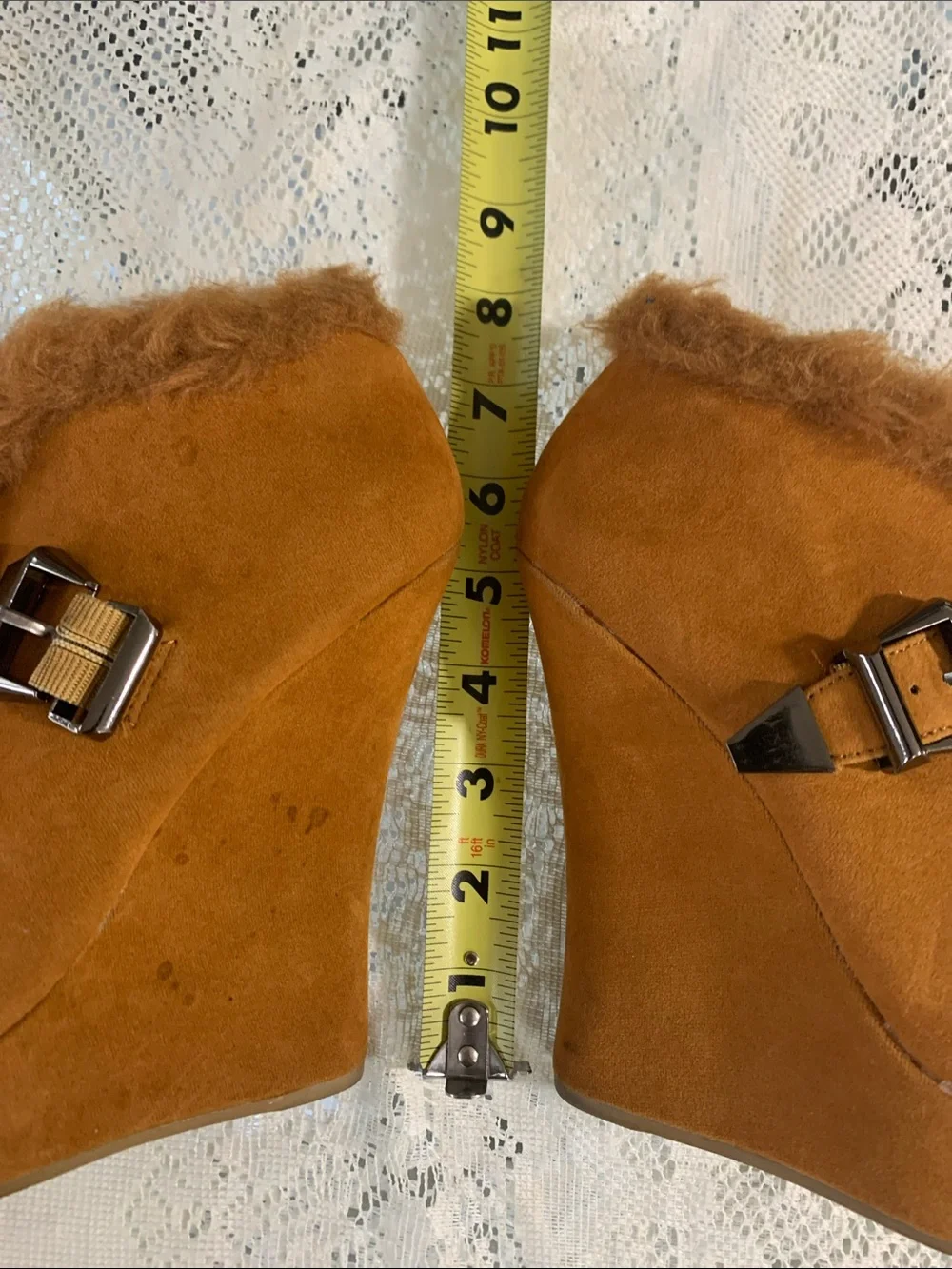 Faux Fur Trim Wedge Booties in Cognac Tan with Buckle Detail